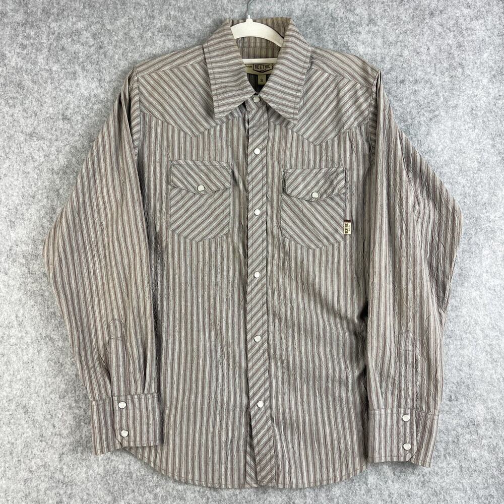 BC Ethic Western Shirt Mens Small Gray Striped Pearl Snap Button Up Cowboy Rodeo